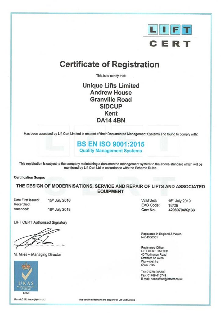 Certification Unique Lifts